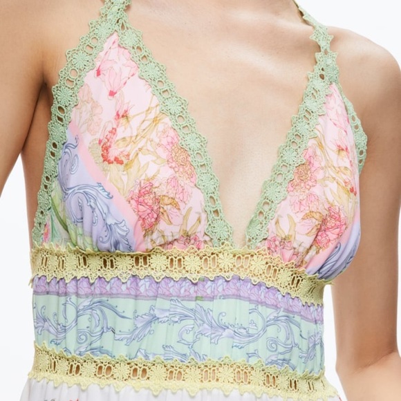 Alice + Olivia Karolina Halter Maxi Dress Multicolor Floral Panel Lace Size 12 - Picture 4 of 8